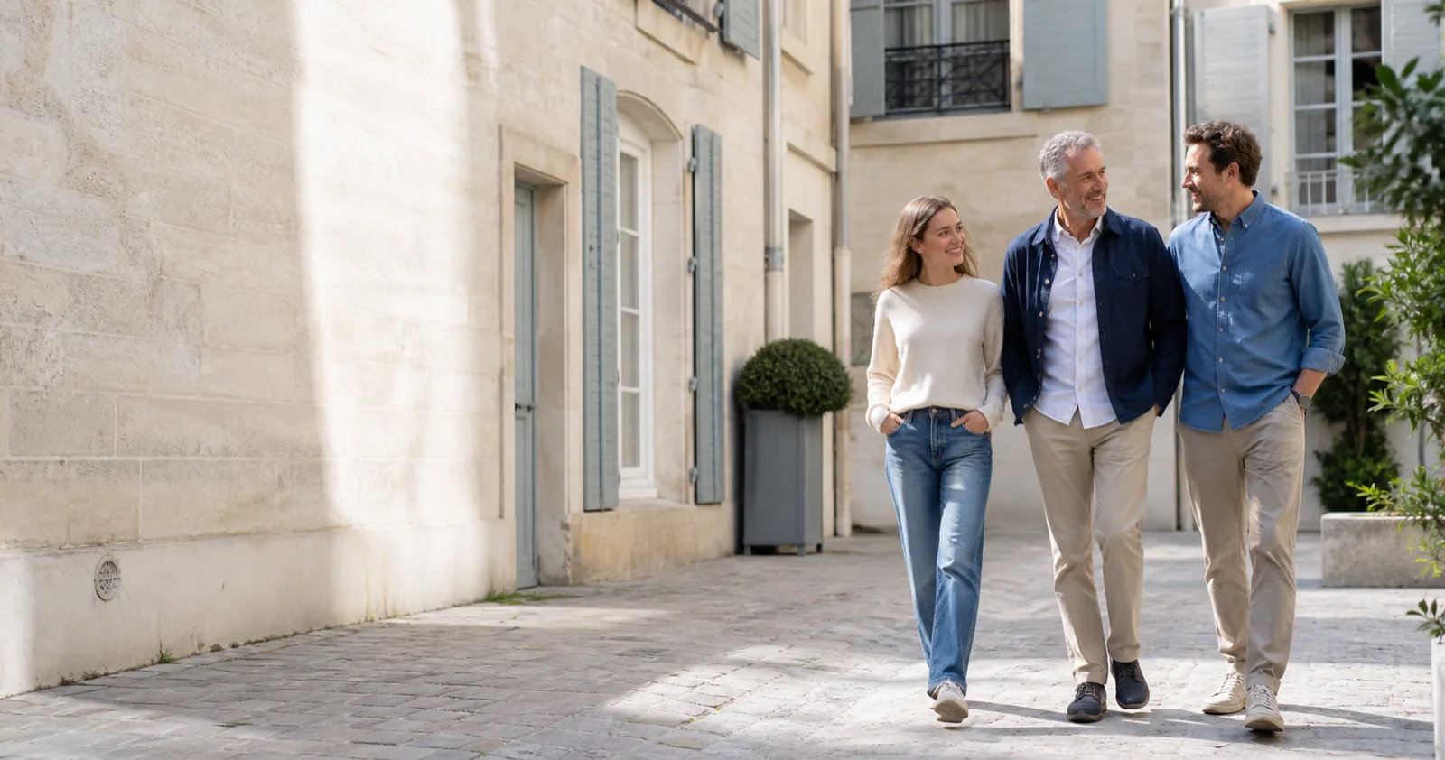 Trois générations d’une famille marchent ensemble dans une cour en pierre claire en France.