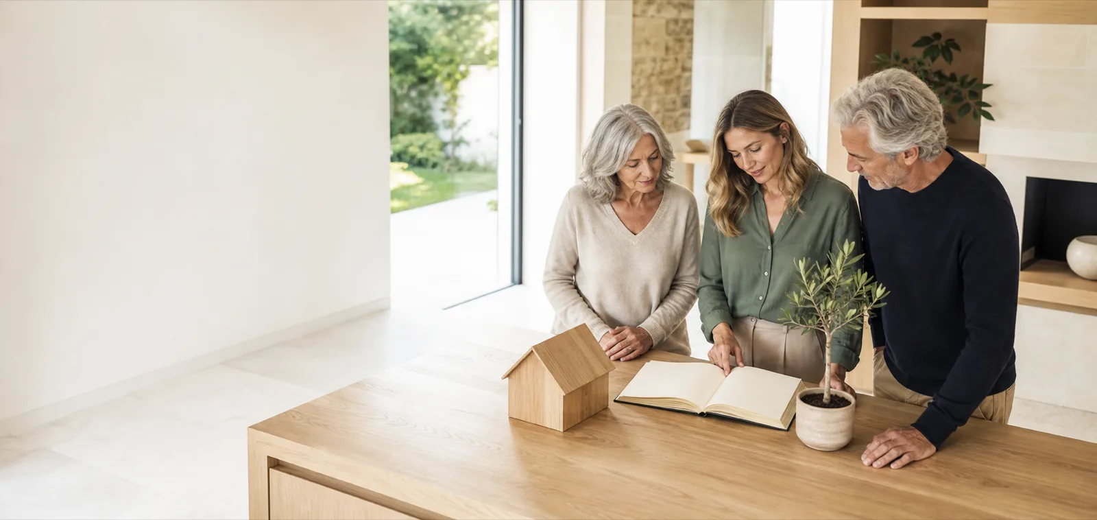 Une famille examine une maquette de maison, un album et un olivier sur une table en bois clair.